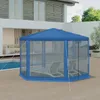 A blue hexagonal gazebo with mosquito netting is set up on a wooden deck next to a swimming pool, with a modern house in the background. Produktbild-Vorschau