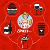 A collage of food and drink items arranged around a central illustration of a woman. Produktbild-Vorschau