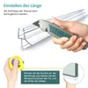 A hand is shown cutting a shower seal with a utility knife, and a measuring tape is shown next to a diagram illustrating how to measure shower glass thickness. Produktbild-Vorschau