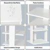 A collage of four images showcasing different features of a white multi-tiered shelf unit. Produktbild-Vorschau