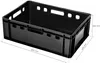 A black plastic crate with dimensions indicated by lines and text. Produktbild-Vorschau