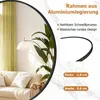 A mirror reflecting a living room scene with a sofa and a plant, with marketing text and close-up details of the mirror frame. Produktbild-Vorschau