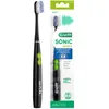A black electric toothbrush and its packaging are displayed against a white background. Náhled obrázku produktu