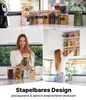 Collage mit klaren stapelbaren Vorratsbehältern mit Bambusdeckeln, gefüllt mit verschiedenen Lebensmitteln, in einer modernen Küchenumgebung Produktbild-Vorschau
