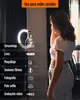 A woman is using a ring light for social media content creation, with various use cases listed. Produktbild-Vorschau