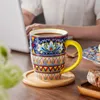 Auf dem Tisch neben dem Computer steht eine bunte Blumen-Tasse mit gelbem Henkel. Náhled obrázku produktu