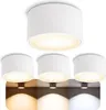 A collage showing a white LED ceiling light from different angles and with different light temperatures. Produktbild-Vorschau