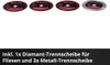Four cutting discs are displayed against a white background, with text below describing their purpose. Produktbild-Vorschau