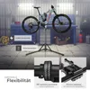 A bicycle repair stand in a workshop setting, with close-ups of its features. Náhled obrázku produktu