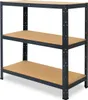 A three-tier metal shelving unit with particle board shelves, shown against a white background. Podgląd zdjęcia produktu