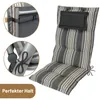 A striped high-back chair cushion is shown against a white background, with close-up insets highlighting attachment features. Produktbild-Vorschau