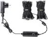 A black power adapter connected to a string of LED lights, with two bundles of lights tied with black bands. Náhled obrázku produktu