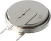 A close-up, angled view of a silver coin cell battery with two protruding metal tabs for connection. Produktbild-Vorschau