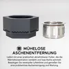 A dark gray hexagonal fire pit and a silver ash collector are displayed against a white background, with marketing text below. Náhled obrázku produktu