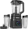 A black Ninja blender with its accessories, including two personal blending cups and a blade attachment, is displayed on a white background. Produktbild-Vorschau