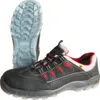 A pair of black safety shoes with red accents and a white sole is shown against a white background. One shoe is shown from the side, and the sole of the other shoe is shown from underneath. Voir les images du produit
