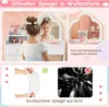 A young girl is looking in a mirror at a vanity table. The image also shows a close-up of the mirror material and a graphic of broken glass. Voir les images du produit