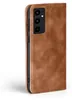 A brown leather flip case for a smartphone is shown against a white background. Produktbild-Vorschau
