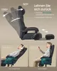 A gaming chair shown in different reclining positions and with a footrest extended, with two inset images showing people using the chair. Produktbild-Vorschau