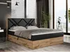 A bedroom scene featuring a large boxspring bed with a black upholstered headboard and a wooden base. The bed is made with pillows and a blanket. A telescope is visible through a large window in the background. Produktbild-Vorschau