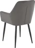 The back view of a dark gray upholstered dining chair with four black legs. Voir les images du produit