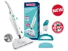 A collage of images featuring a white and teal steam mop, its packaging, and accessories. Náhled obrázku produktu