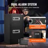 A safe with a red alarm light on top, and a burglar in the background. There are also inset images showing alarm features. Produktbild-Vorschau