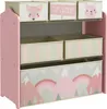 A pink children's storage shelf with fabric bins featuring animal and nature designs. Náhľad obrázku produktu