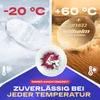Collage showing a battery in cold and hot environments, with a graphic of a flexing arm and text emphasizing reliability. Produktbild-Vorschau