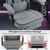 A close-up of a gaming chair with text highlighting its features, and comparison images below. Produktbild-Vorschau