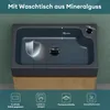 A close-up view of a dark gray mineral cast washbasin, presented on a wooden stand, with descriptive text and icons below. Produktbild-Vorschau