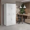 A white metal filing cabinet is shown in an office setting with a desk, chair, and plants in the background. Produktbild-Vorschau