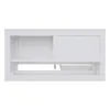 A white wooden bed frame with an open shelf on the left and a closed panel on the right. Produktbild-Vorschau