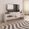 A white TV stand with a television and decorative items on it, placed on a wooden floor with a rug in front. Náhled obrázku produktu