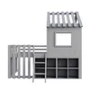 A gray loft bed with a house-shaped top, a fence, a ladder, and storage cubbies underneath, presented on a white background. Náhľad obrázku produktu