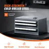 A metal storage cabinet with multiple drawers, designed for organizing drill bits. The image includes text overlays highlighting product features and specifications. Anteprima dell’immagine prodotto