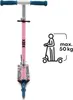 A pink scooter with blue handlebars is shown against a white background. A graphic illustrating a person on a scooter with a weight limit is to the right. Produktbild-Vorschau