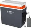 A gray, white, and orange electric cooler box with a connected power bank. Produktbild-Vorschau