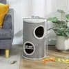 A cat scratching post is shown in a living room setting next to a sofa and a potted plant. Dimensions are indicated on the product. Produktbild-Vorschau