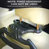 A car accessory, specifically a hanger attachment for a car headrest, is shown in close-up within a car interior. The text overlay warns that fixed headrests cannot be used with the product. Produktbild-Vorschau