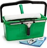 A green cleaning bucket with window cleaning tools inside and a microfiber cloth and squeegee on the side. Voir les images du produit