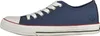 A side view of a blue canvas sneaker with white laces and a white sole. Produktbild-Vorschau