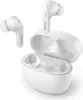 A pair of white wireless earbuds and their charging case are displayed against a white background. Podgląd zdjęcia produktu