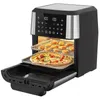 An air fryer oven with two racks, one holding chicken nuggets and the other a pizza. The digital display is visible. Produktbild-Vorschau