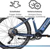 Close-up of an e-bike's rear wheel, drivetrain, and frame, with icons and text describing features above. Produktbild-Vorschau