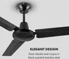 A black ceiling fan with three blades is shown mounted on a ceiling against a light gray and white background. Text overlays highlight the product's design. Náhľad obrázku produktu