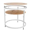 An exploded view of a round table base with two wooden table tops, showing assembly components. Produktbild-Vorschau