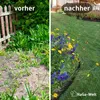 A split image showing a garden before and after landscaping. The 'before' side shows an overgrown area with weeds and a wooden fence. The 'after' side shows a neatly mowed lawn with a flower bed of yellow and purple flowers. Produktbild-Vorschau