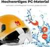 A yellow safety helmet with a clear visor is shown, with water splashes and arrows indicating protection. Produktbild-Vorschau