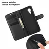 A black flip-style phone case is shown open, revealing card slots and a money pocket. The inner silicone case is also visible. Produktbild-Vorschau
